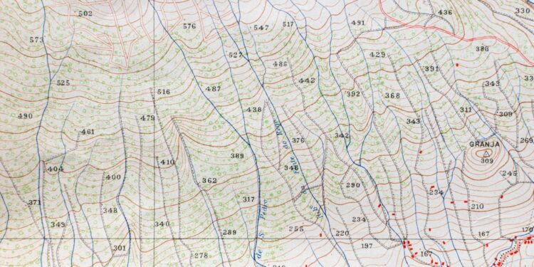 Topographic map of the mountains on Faial, Portugal, with contour lines, elevation figures, and place names.