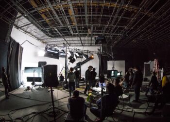 Film set studio photographed with fish eye lens