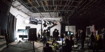 Film set studio photographed with fish eye lens
