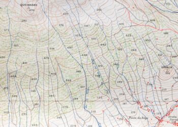 Topographic map of the mountains on Faial, Portugal, with contour lines, elevation figures, and place names.