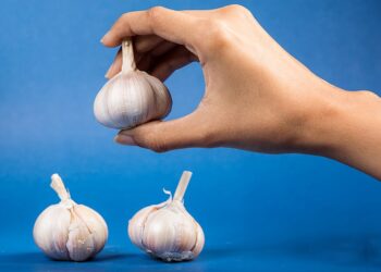 A hand is holding a single head of garlic, suspended in the air. Two other heads of garlic are resting on a surface below. The background is a solid, vibrant blue.