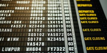 Vertrekbord op een luchthaven met vluchten en tijden