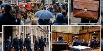 Stapel begrotingsstukken met een leren koffertje op een tafel in een parlementair gebouw
