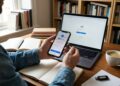 Telefoon met een authenticator-app naast een fysieke beveiligingssleutel op een bureau