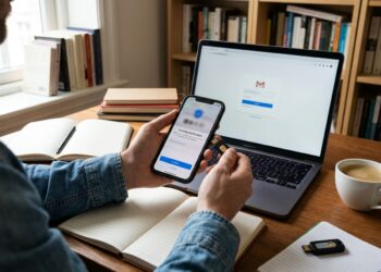 Telefoon met een authenticator-app naast een fysieke beveiligingssleutel op een bureau