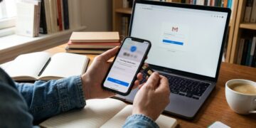 Telefoon met een authenticator-app naast een fysieke beveiligingssleutel op een bureau