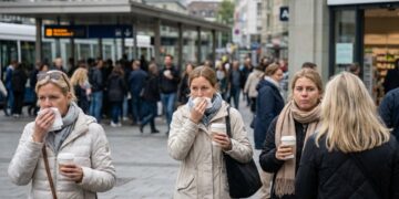 Volwassene met een zakdoek bij een beslagen raam aan het begin van de herfst