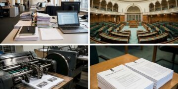 Stapel wetsteksten en vergaderstukken op een tafel in een parlementsgebouw