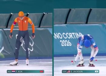 Femke Kok aan de start van de olympische 500 meter in Milaan