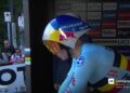 Remco Evenepoel aan de start van de tijdrit op het WK wielrennen in Montreal
